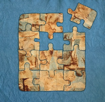 unfinished puzzle embroidery collage by May Bleeker-Phelan